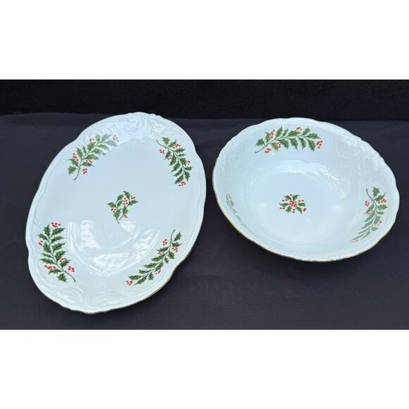 Vintage Royal Kent Christmas Holiday Holly Poland Serving Platter & Bowl Nice! - Picture 3 of 9
